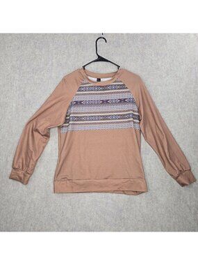 Merry Ross Womens Long Sleeve Aztec Print Tan Pullover Small Polyester Spandex